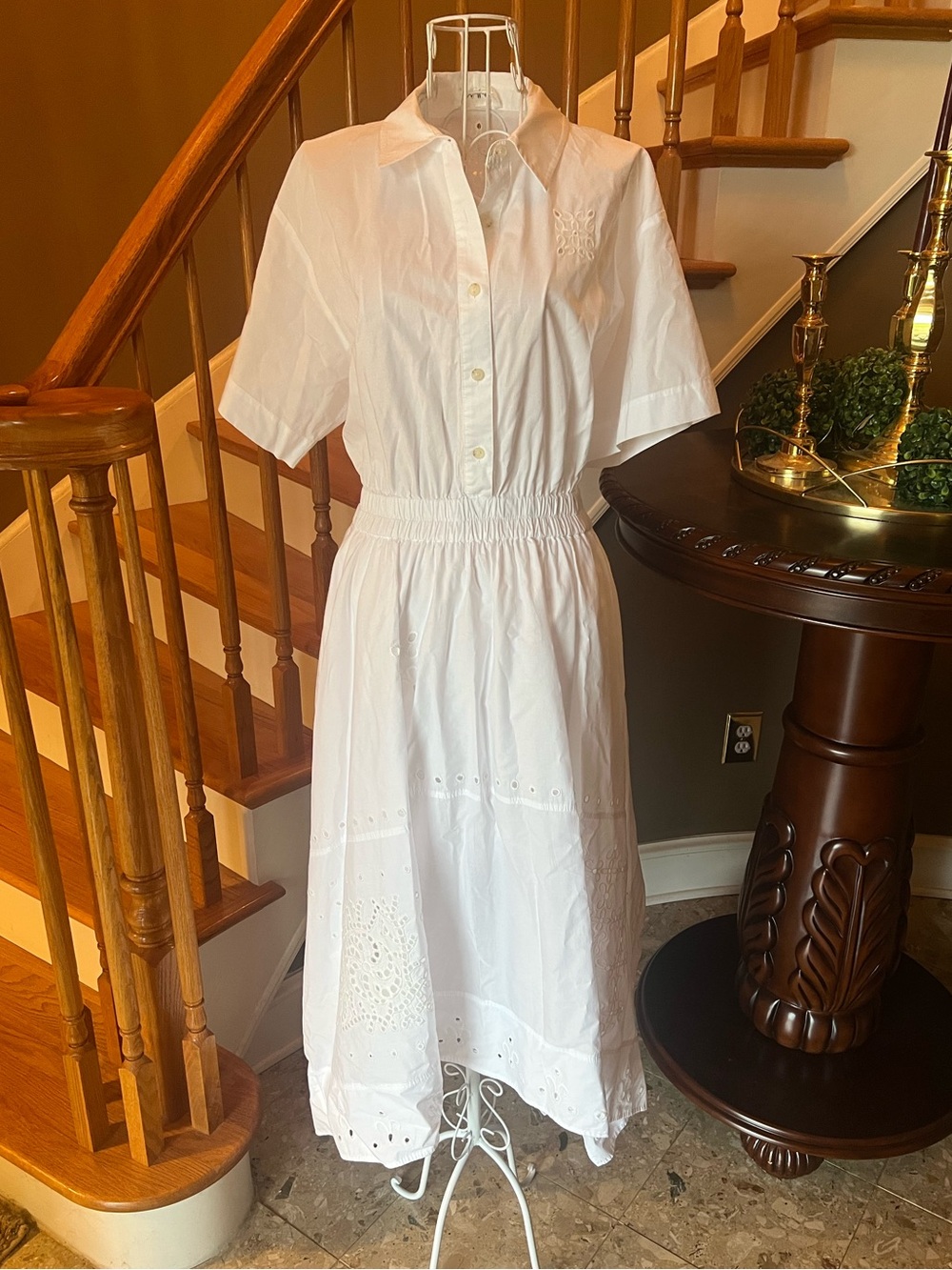 Eyelet White Cotton Shirt Midi Dress Asymmetrical Hem Preppy Old Money Size 12